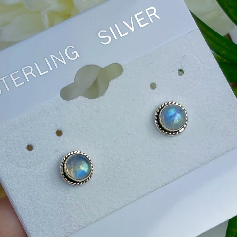 Pure Sterling Silver 925 Purple Blue Yellow Rainbow Moonstone Post Earrings - Picture 3 of 8